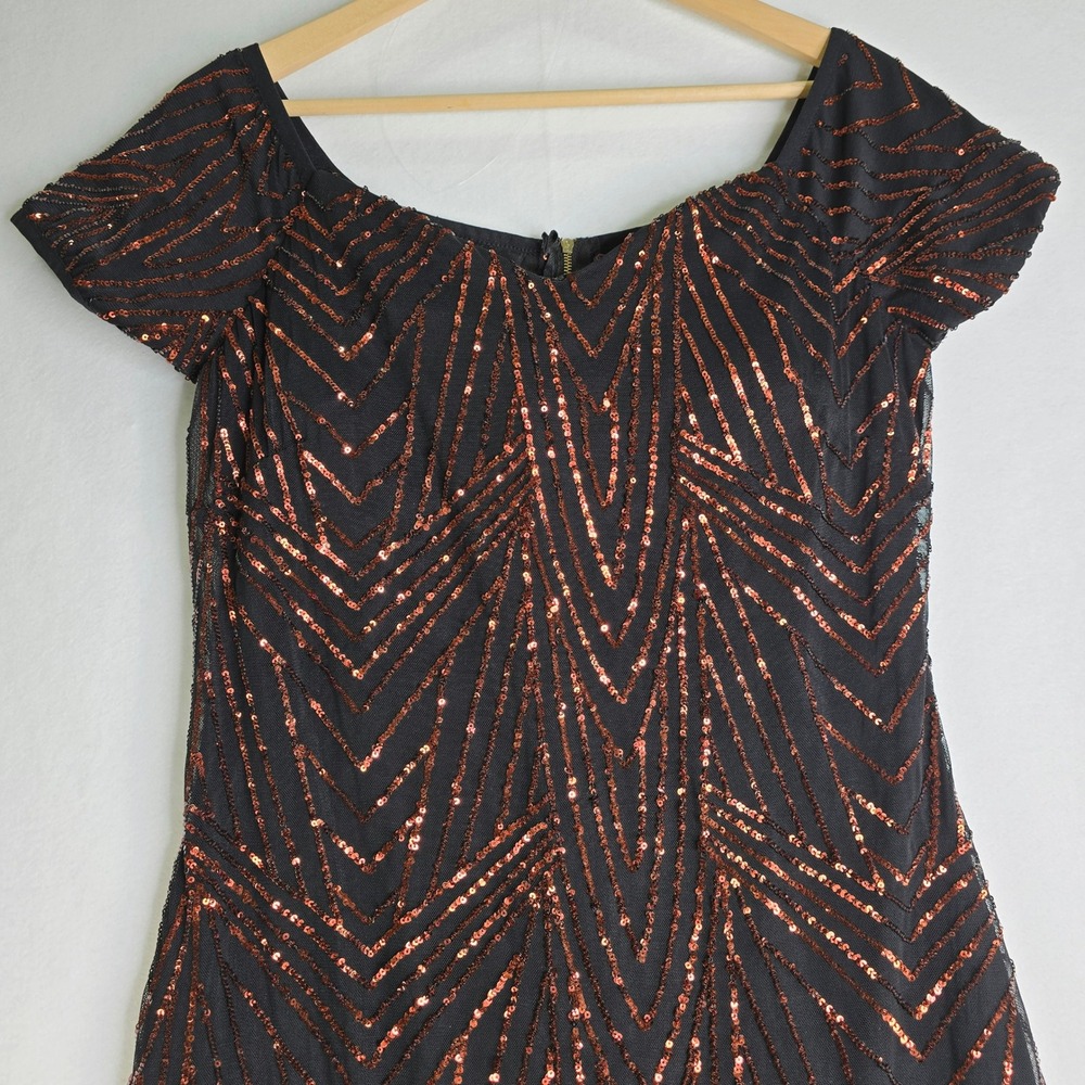 Iris Black Copper Sequin Chevron Bodycon Mini Dress Short Sleeve Medium - Picture 2 of 9